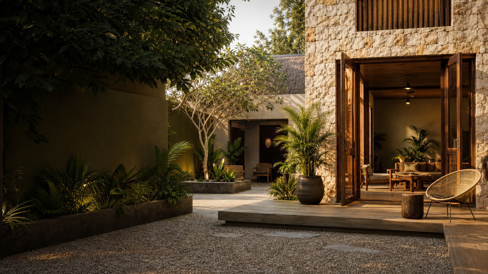 Warm garden courtyard at a boutique guest house